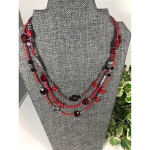 Multi Strand Red Silver Beaded Necklace Boho Statement Jewelry Artistic Gypsy
